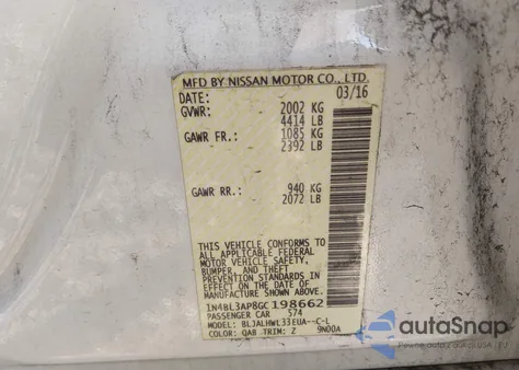 2016 Nissan Altima 3.5Sl/3.5 Sr from USA, damaged, VIN 1N4BL3AP8GC198662